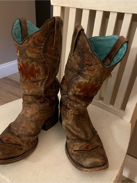 Corral Shoes - Corral Brown Leather Western Heeled Boots with Turquoise Lining
